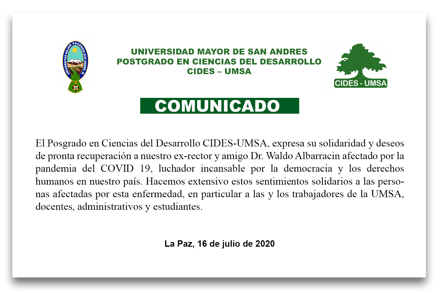COMUNICADO: Posgrado en Ciencias del Desarrollo CIDES-UMSA