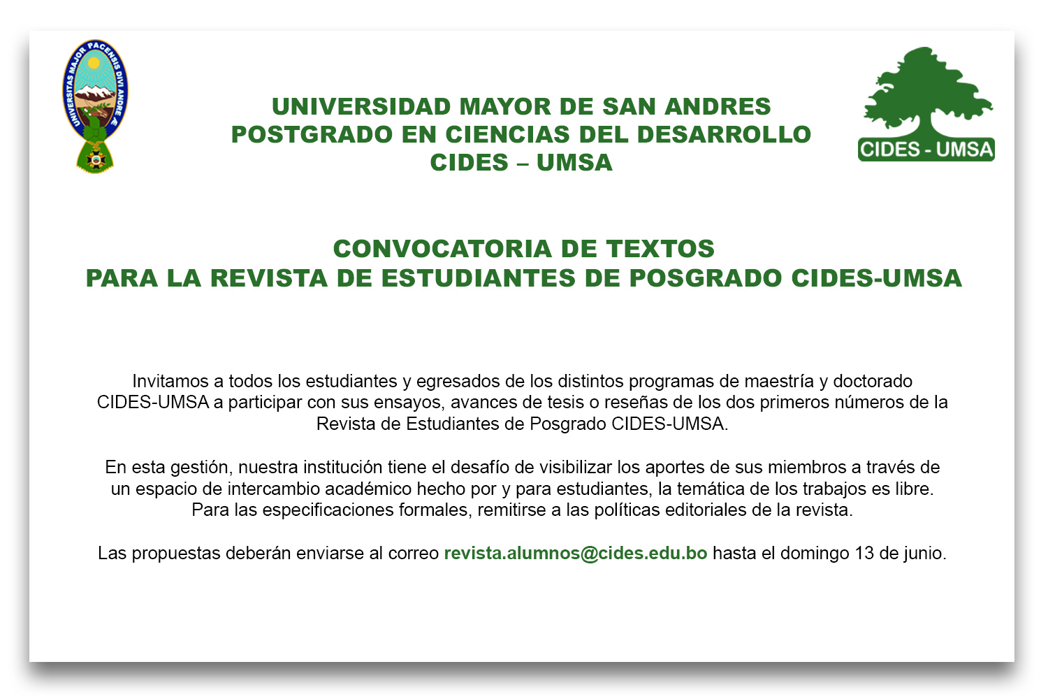 Convocatoria de textos para la Revista de Estudiantes de Posgrado CIDES-UMSA